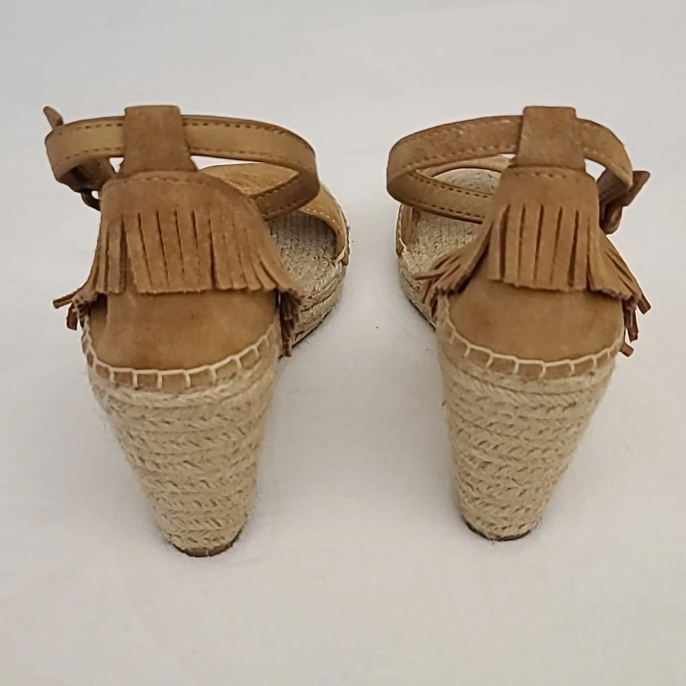 FRYE AND CO. Tan Suede Fringe Espadrille Wedge Sandals